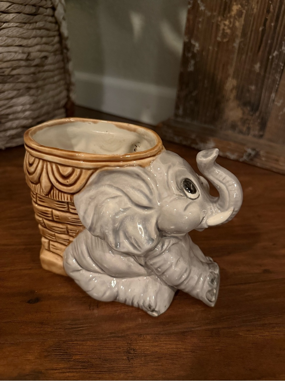 Vintage Ceramic Elephant Planter  Glazed 5” Tall Trunk Up Lucky